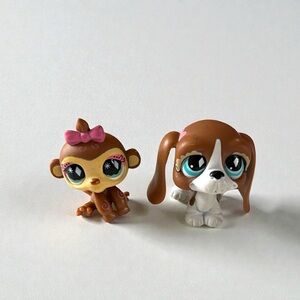 Hasbro Littlest Pet Shop Basset Hound Dog & Monkey Pink Bows 2 Pc Lot